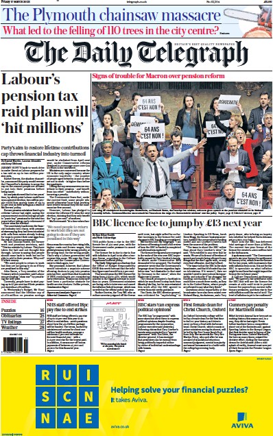 The Daily Telegraph Newspaper Front Page (UK) for 17 March 2023