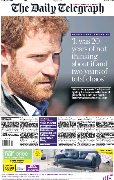 The Daily Telegraph Newspaper Front Page (UK) for 17 April 2017