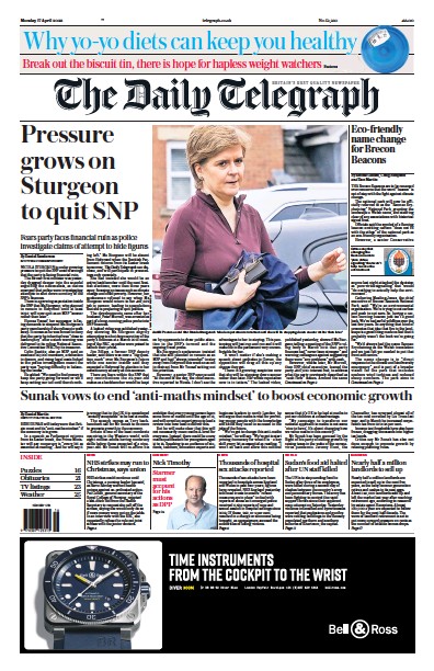 The Daily Telegraph Newspaper Front Page (UK) for 17 April 2023