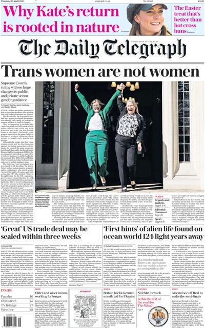 The Daily Telegraph Newspaper Front Page (UK) for 17 April 2025