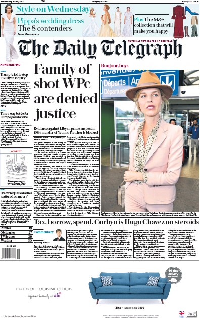 The Daily Telegraph Newspaper Front Page (UK) for 17 May 2017
