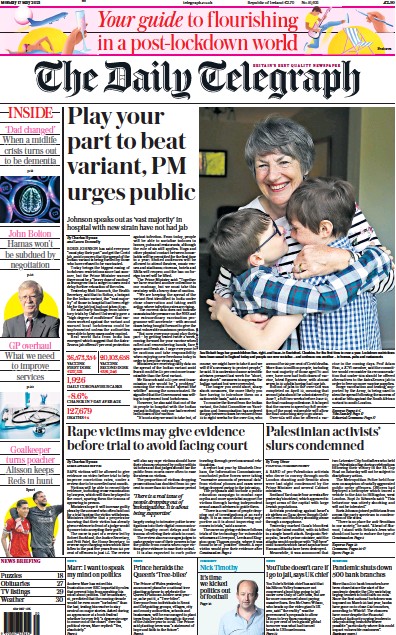 The Daily Telegraph Newspaper Front Page (UK) for 17 May 2021