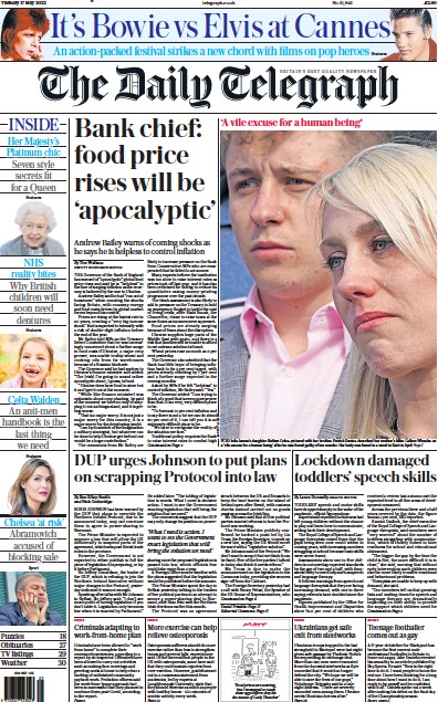 The Daily Telegraph Newspaper Front Page (UK) for 17 May 2022