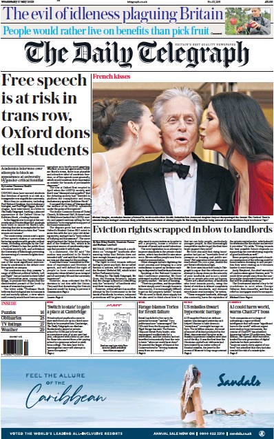 The Daily Telegraph Newspaper Front Page (UK) for 17 May 2023