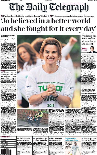 The Daily Telegraph Newspaper Front Page (UK) for 17 June 2016