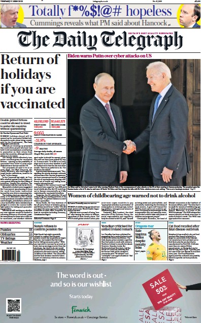 The Daily Telegraph Newspaper Front Page (UK) for 17 June 2021