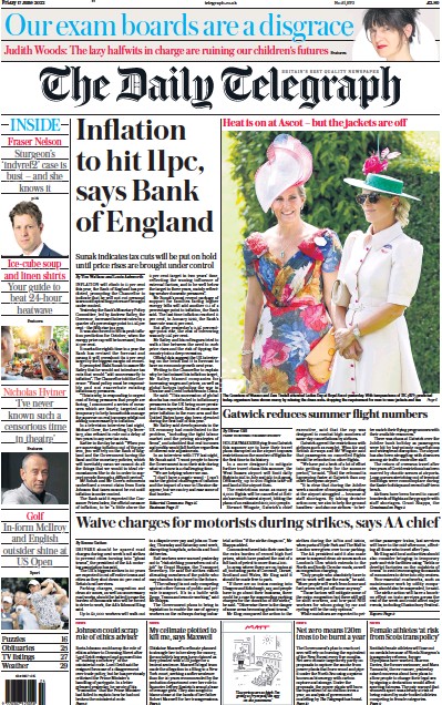 The Daily Telegraph Newspaper Front Page (UK) for 17 June 2022