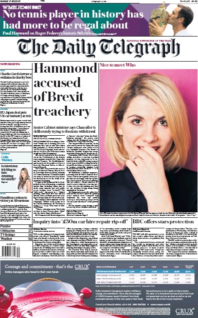 The Daily Telegraph Newspaper Front Page (UK) for 17 July 2017
