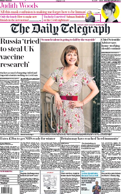 The Daily Telegraph Newspaper Front Page (UK) for 17 July 2020