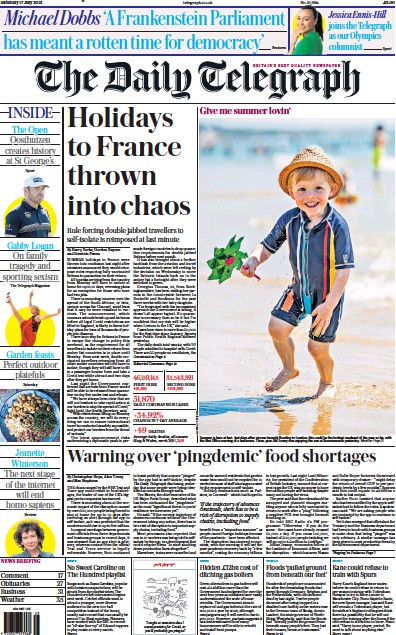 The Daily Telegraph Newspaper Front Page (UK) for 17 July 2021