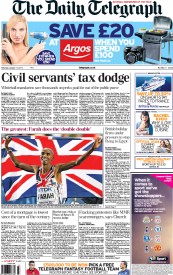 The Daily Telegraph (UK) Newspaper Front Page for 17 August 2013