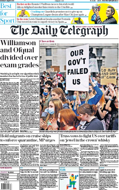 The Daily Telegraph Newspaper Front Page (UK) for 17 August 2020