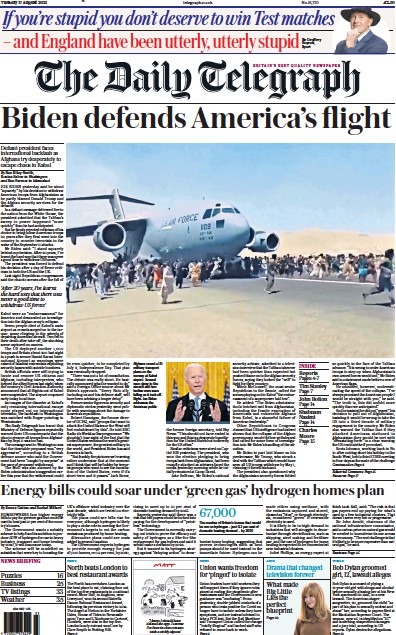 The Daily Telegraph Newspaper Front Page (UK) for 17 August 2021