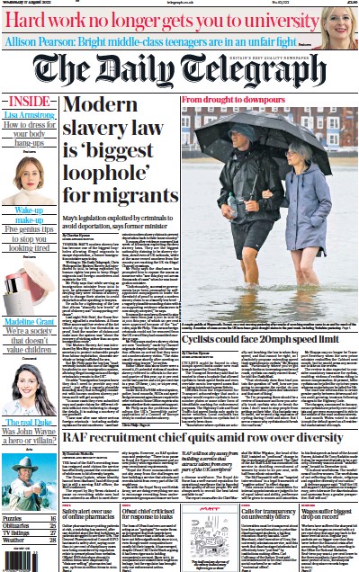 The Daily Telegraph Newspaper Front Page (UK) for 17 August 2022
