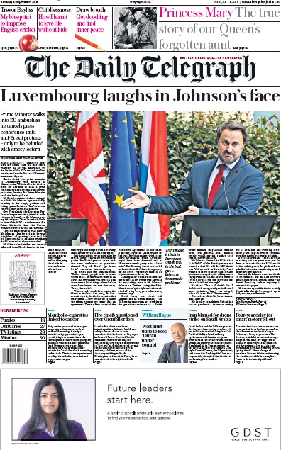 The Daily Telegraph Newspaper Front Page (UK) for 17 September 2019