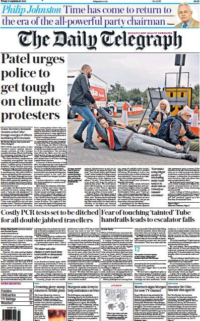 The Daily Telegraph Newspaper Front Page (UK) for 17 September 2021