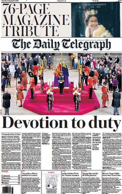 The Daily Telegraph Newspaper Front Page (UK) for 17 September 2022