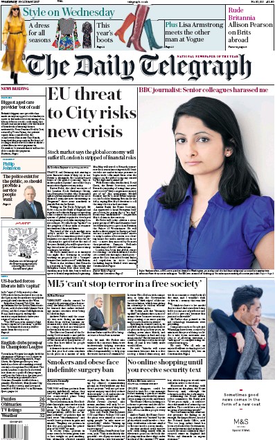 The Daily Telegraph Newspaper Front Page (UK) for 18 October 2017