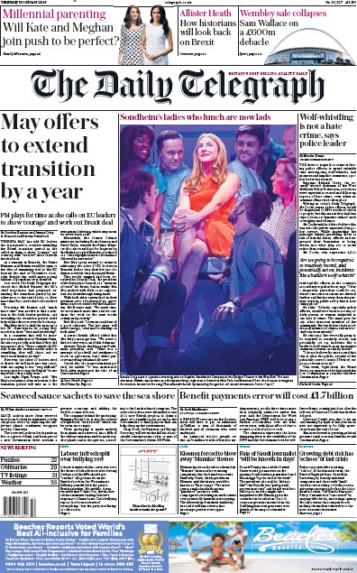 The Daily Telegraph Newspaper Front Page (UK) for 18 October 2018