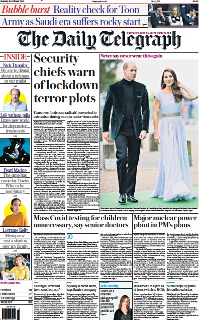 The Daily Telegraph Newspaper Front Page (UK) for 18 October 2021