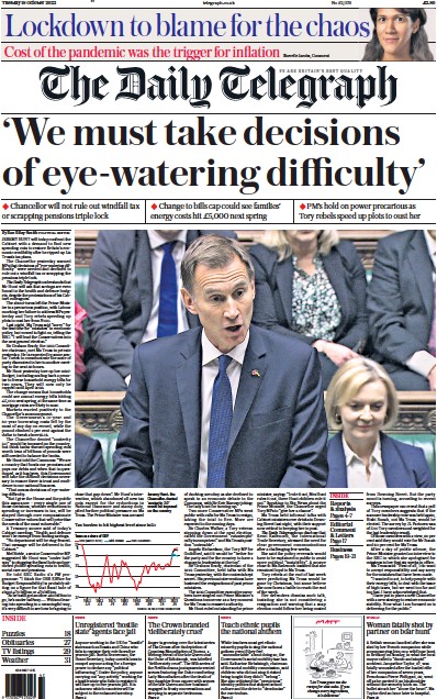 The Daily Telegraph Newspaper Front Page (UK) for 18 October 2022