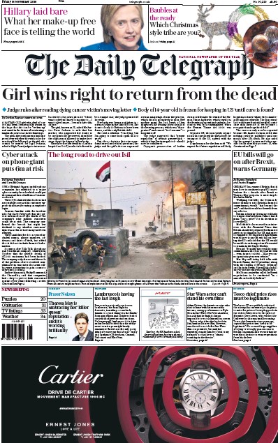 The Daily Telegraph Newspaper Front Page (UK) for 18 November 2016