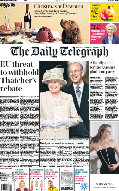 The Daily Telegraph Newspaper Front Page (UK) for 18 November 2017