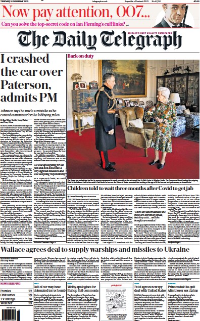 The Daily Telegraph Newspaper Front Page (UK) for 18 November 2021