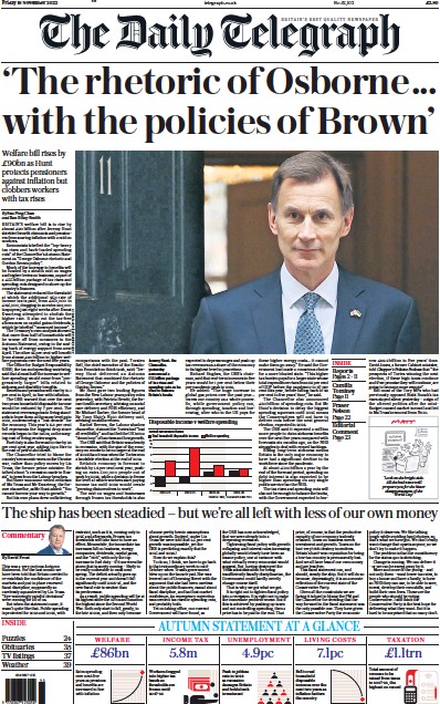 The Daily Telegraph Newspaper Front Page (UK) for 18 November 2022