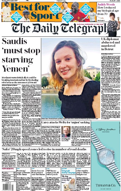 The Daily Telegraph Newspaper Front Page (UK) for 18 December 2017