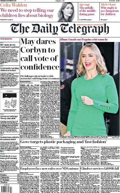The Daily Telegraph Newspaper Front Page (UK) for 18 December 2018