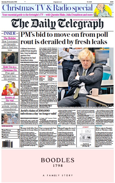 The Daily Telegraph Newspaper Front Page (UK) for 18 December 2021