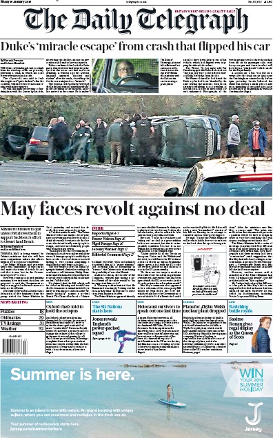 The Daily Telegraph Newspaper Front Page (UK) for 18 January 2019