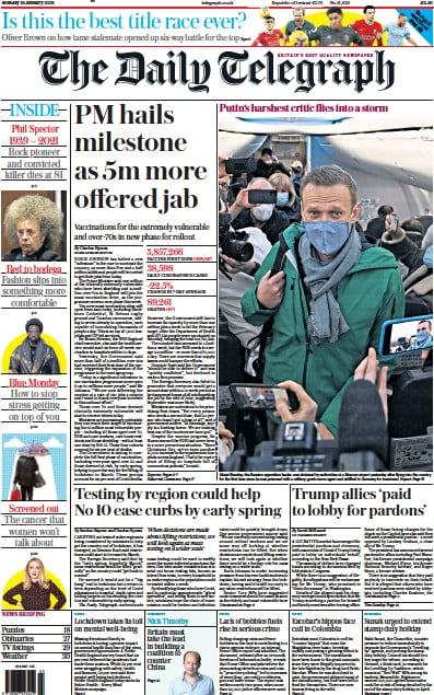 The Daily Telegraph Newspaper Front Page (UK) for 18 January 2021