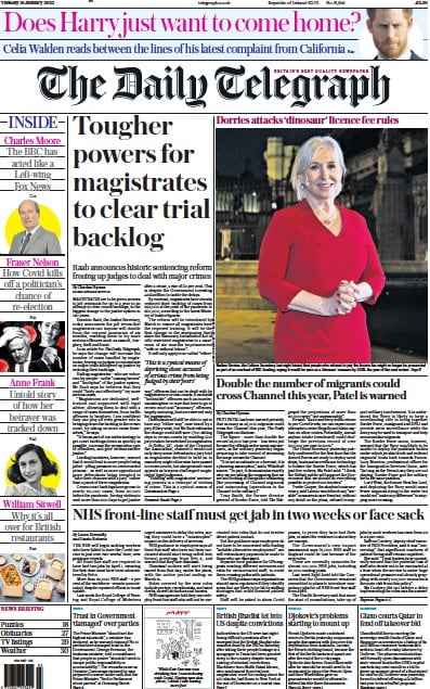 The Daily Telegraph Newspaper Front Page (UK) for 18 January 2022