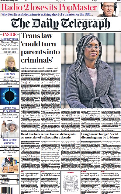 The Daily Telegraph Newspaper Front Page (UK) for 18 January 2023