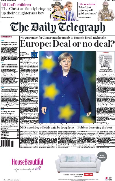 The Daily Telegraph Newspaper Front Page (UK) for 18 February 2016