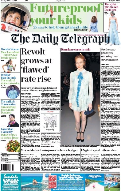 The Daily Telegraph Newspaper Front Page (UK) for 18 February 2017