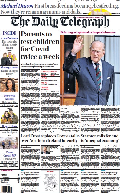 The Daily Telegraph Newspaper Front Page (UK) for 18 February 2021
