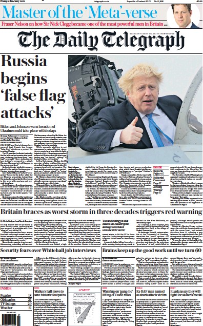 The Daily Telegraph Newspaper Front Page (UK) for 18 February 2022