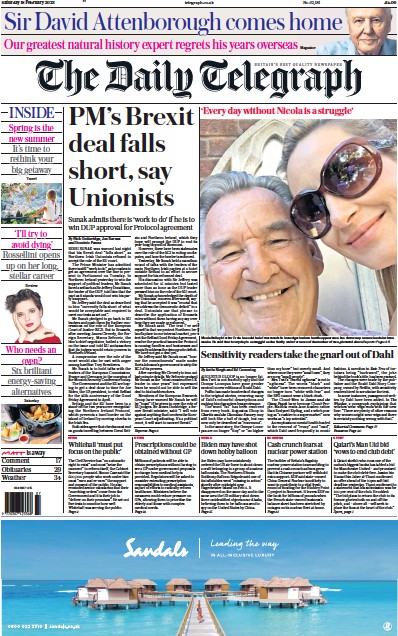 The Daily Telegraph Newspaper Front Page (UK) for 18 February 2023