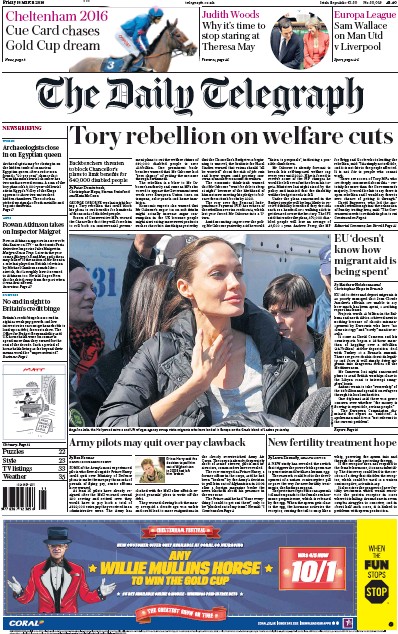 The Daily Telegraph Newspaper Front Page (UK) for 18 March 2016