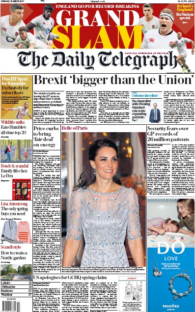 The Daily Telegraph Newspaper Front Page (UK) for 18 March 2017