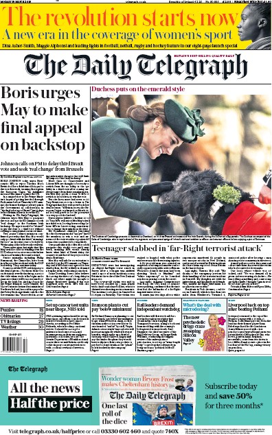 The Daily Telegraph Newspaper Front Page (UK) for 18 March 2019