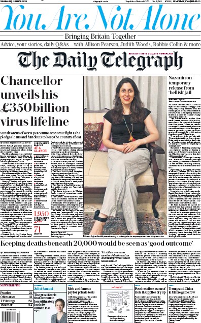 The Daily Telegraph Newspaper Front Page (UK) for 18 March 2020