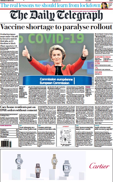 The Daily Telegraph Newspaper Front Page (UK) for 18 March 2021