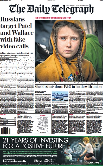 The Daily Telegraph Newspaper Front Page (UK) for 18 March 2022
