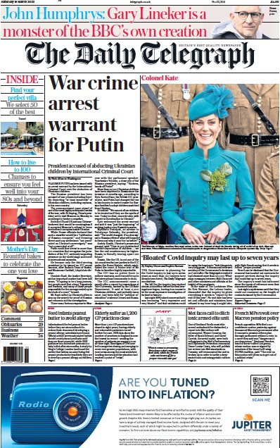 The Daily Telegraph Newspaper Front Page (UK) for 18 March 2023