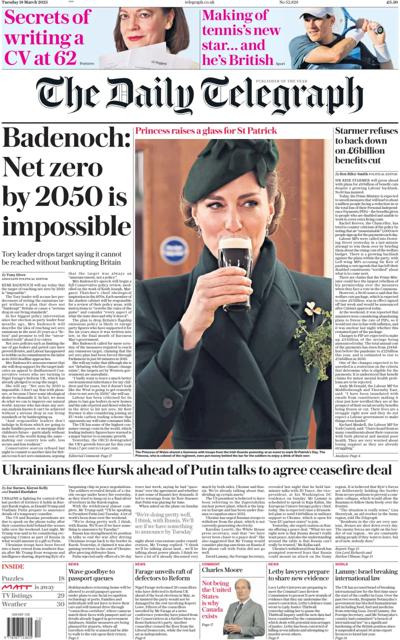 The Daily Telegraph Newspaper Front Page (UK) for 18 March 2025