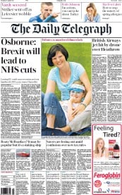 The Daily Telegraph (UK) Newspaper Front Page for 18 April 2016
